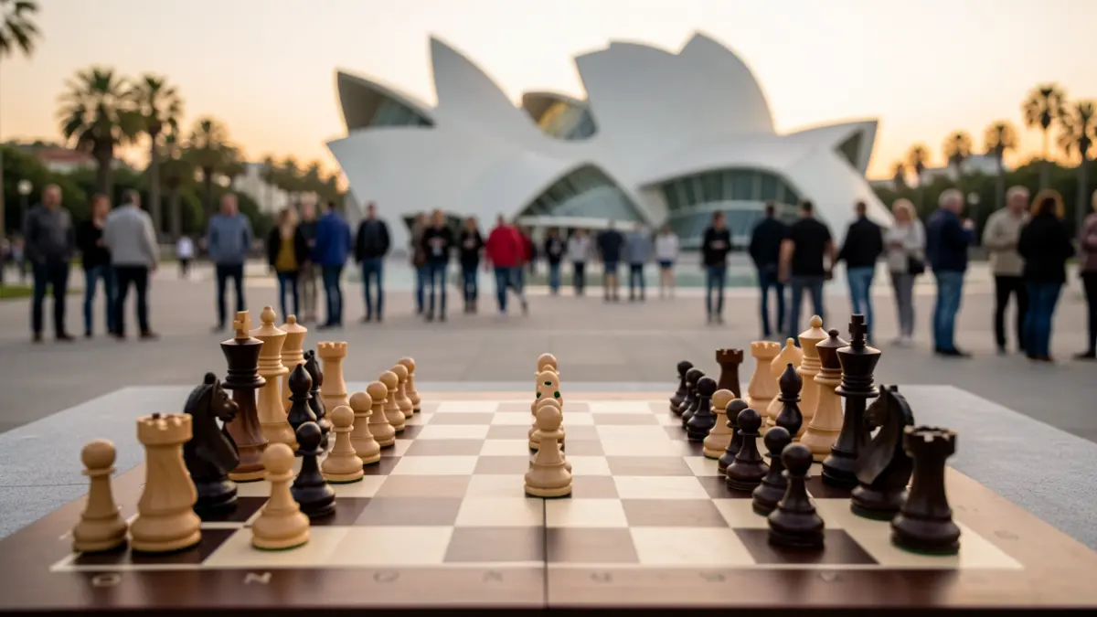 Imagen genérica de un tablero de ajedrez con piezas frente a la Ciudad de las Artes y las Ciencias de Valencia.