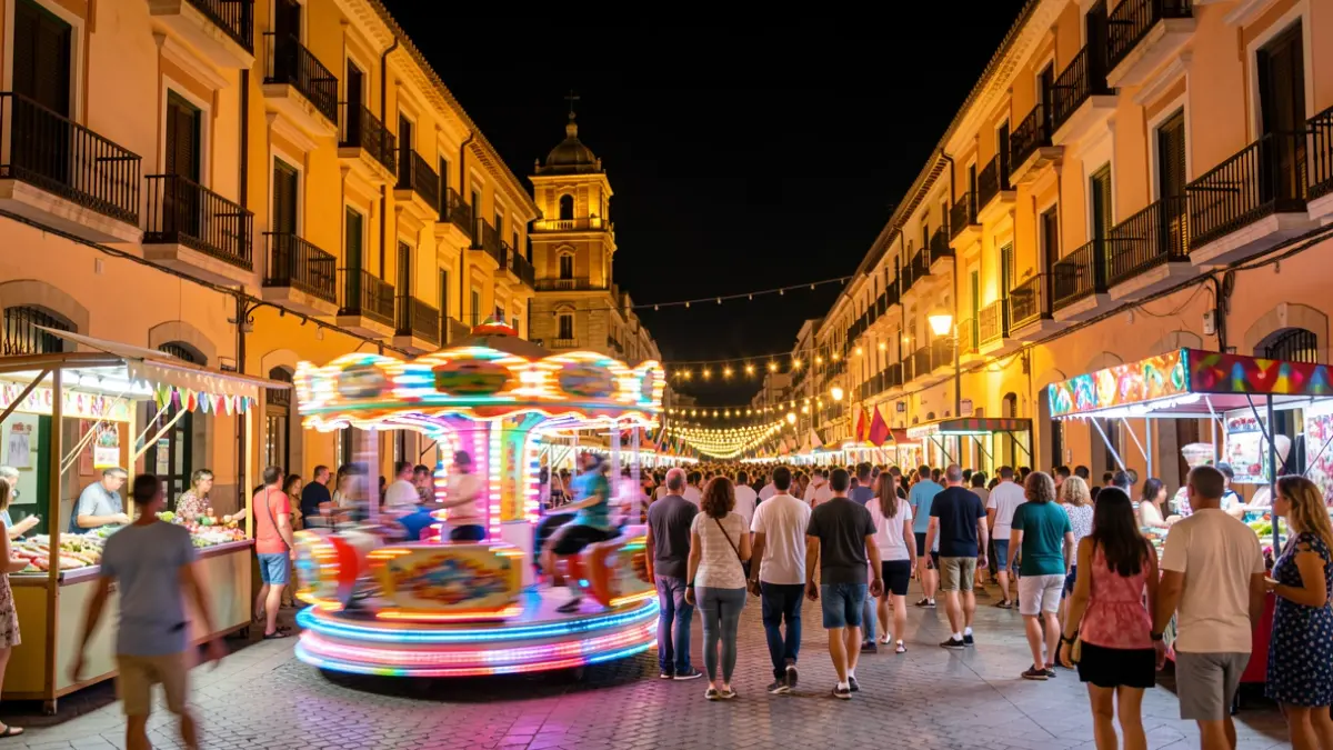 Imagen genérica de una fiesta popular nocturna en Valencia con luces de verbena.