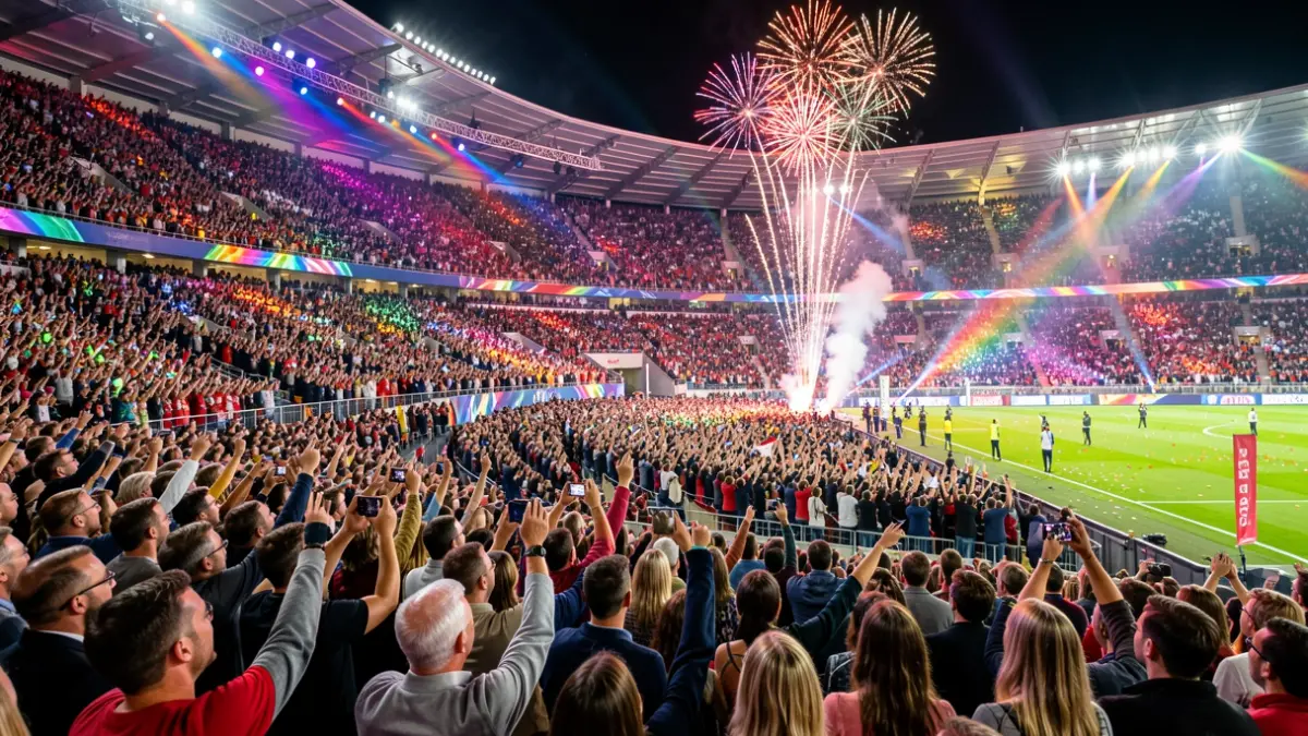Imagen genérica de una multitud celebrando un evento deportivo nocturno con fuegos artificiales.