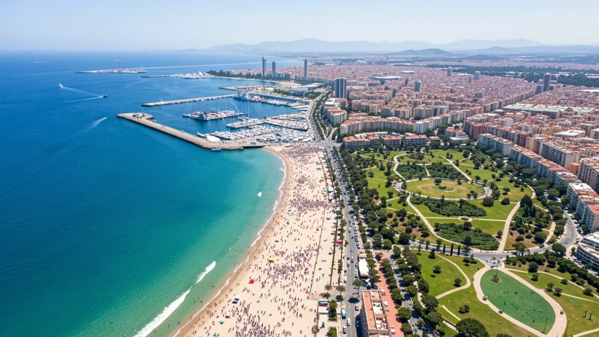 Aerial view of Valencia's coastline, from the Port to La Patacona, with the Turia Garden.