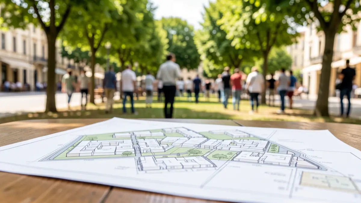 Conceptual image of an urban planning blueprint on a table with a blurred park in the background.