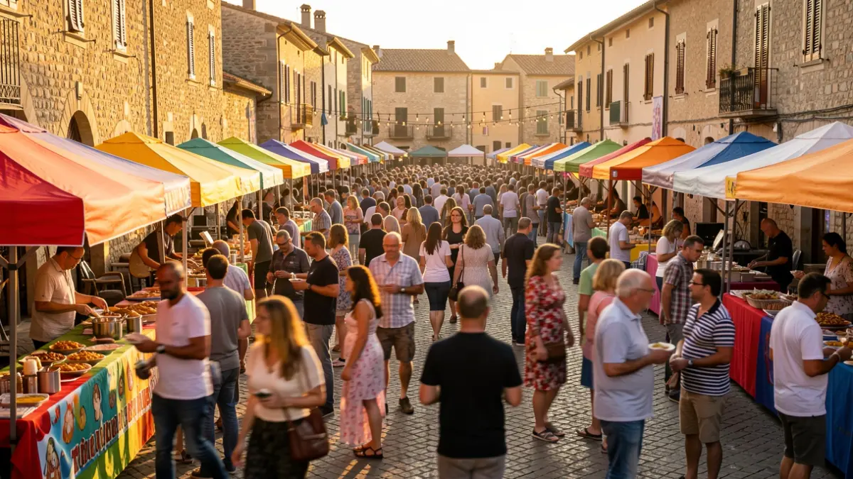 Imagen genérica de un festival callejero con gente, música y puestos.