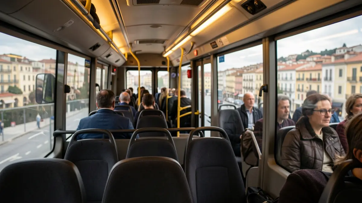 Imatge genèrica de l'interior d'un autobús urbà modern amb paisatge urbà mediterrani al fons.