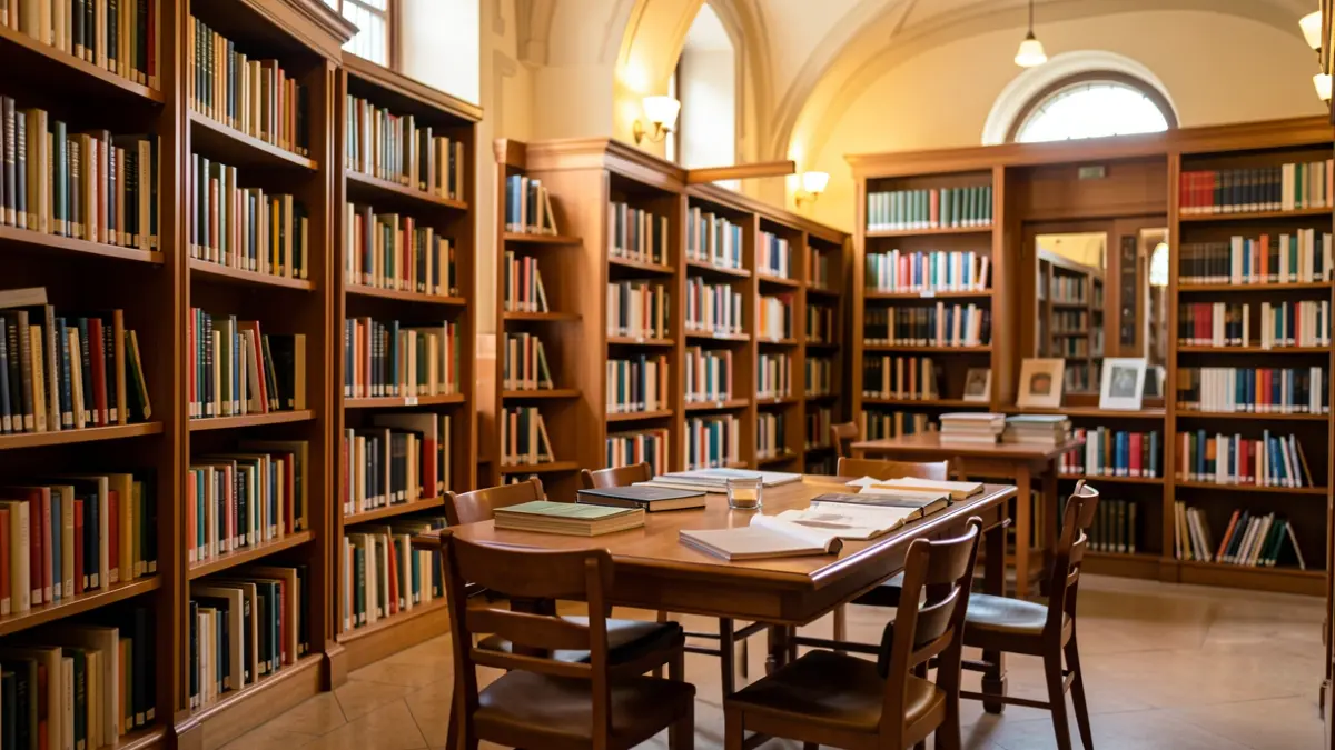 Generic image of a municipal library with books and study tables.