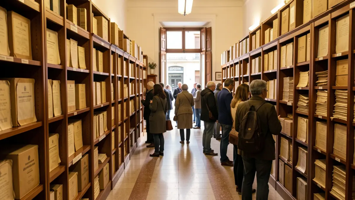 Imagen genérica del interior de un archivo municipal con estanterías llenas de documentos antiguos.