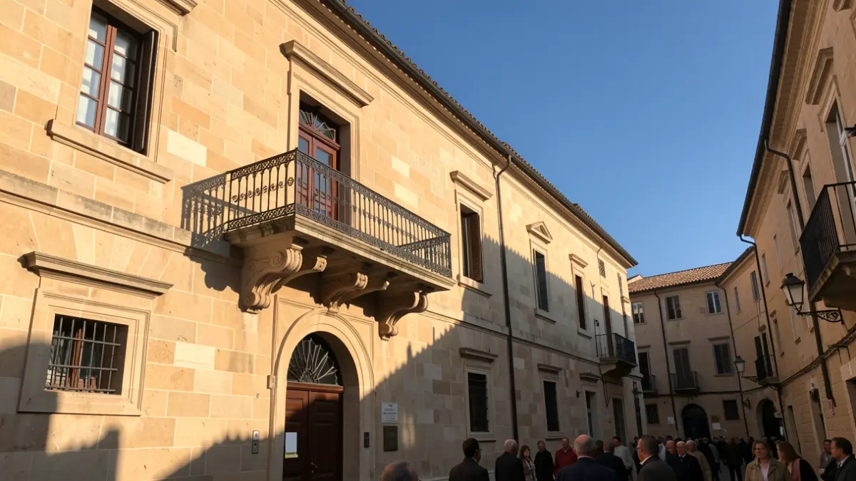 Generic image of a Mediterranean town hall facade with a balcony and iron railings, illuminated by warm afternoon light.