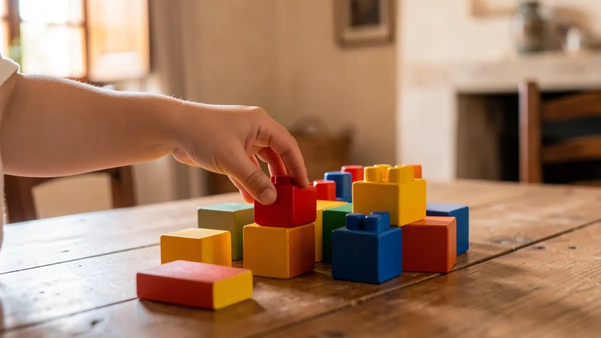Imatge genèrica de blocs de construcció infantils sobre una taula de fusta.