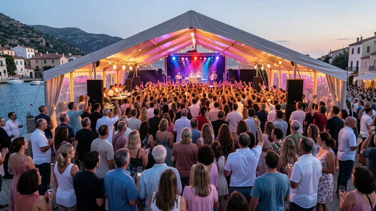 Imagen genérica de una carpa festiva con gente celebrando.