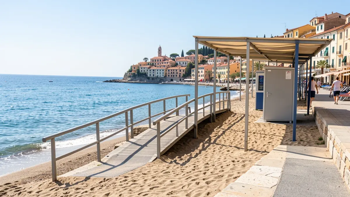 Generic image of an accessible beach with a ramp and shaded area.