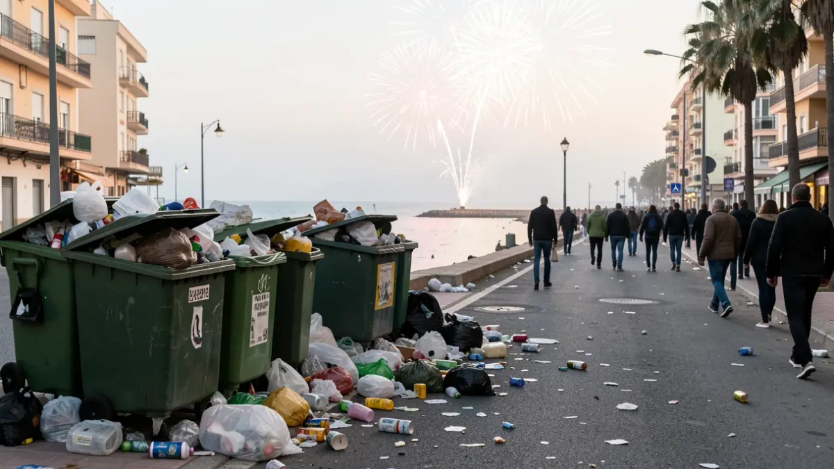 Generic image of overflowing trash bins and garbage on the street after a fireworks display.