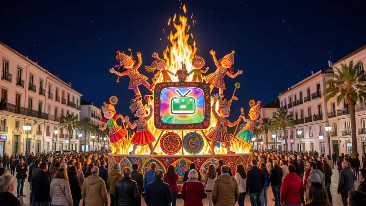 Imatge genèrica d'una foguera infantil amb temàtica cultural i televisiva.