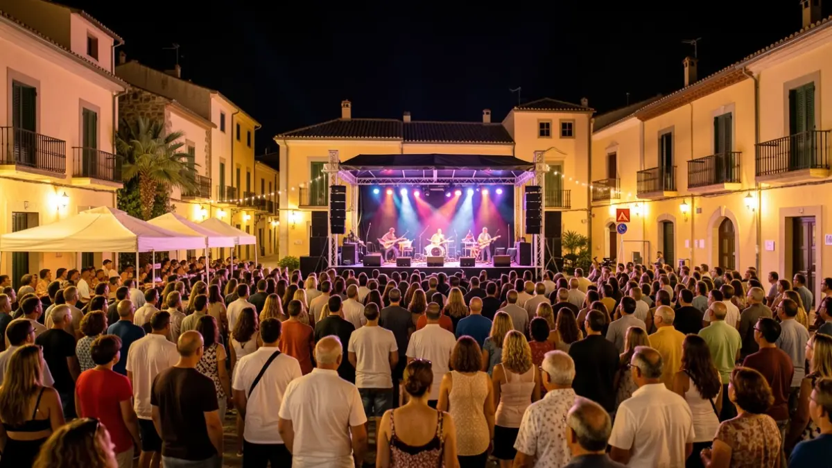 Imatge genèrica d'un concert a l'aire lliure en una plaça de poble mediterrani durant la nit.