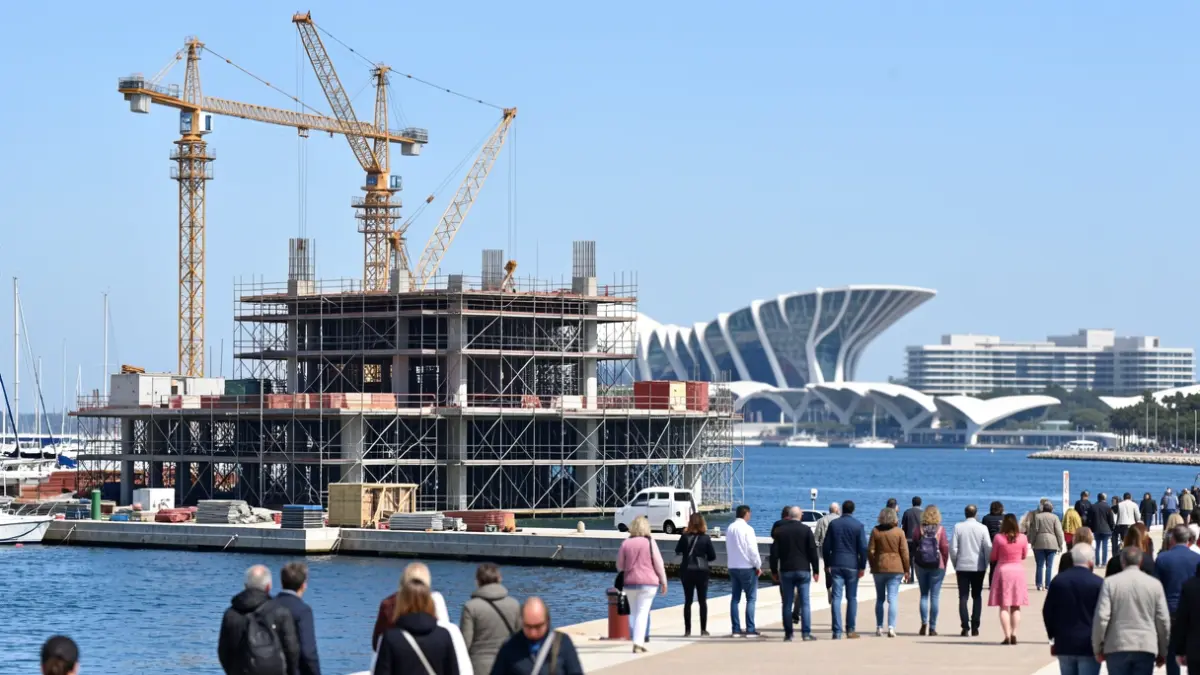 Imatge genèrica d'obres en un port esportiu mediterrani amb la Ciutat de les Arts i les Ciències al fons.
