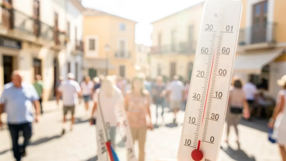 Termòmetre marcant temperatures elevades en un entorn urbà durant una onada de calor.