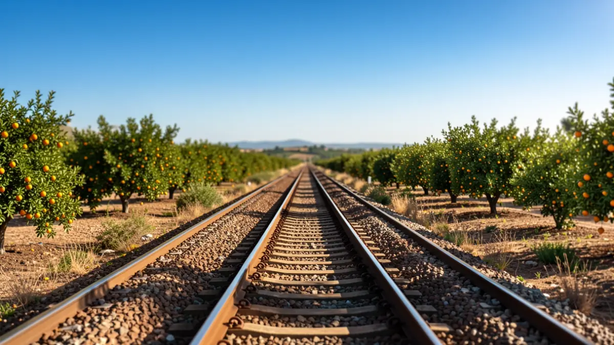 Imatge genèrica de vies de tren d'alta velocitat en un paisatge mediterrani.