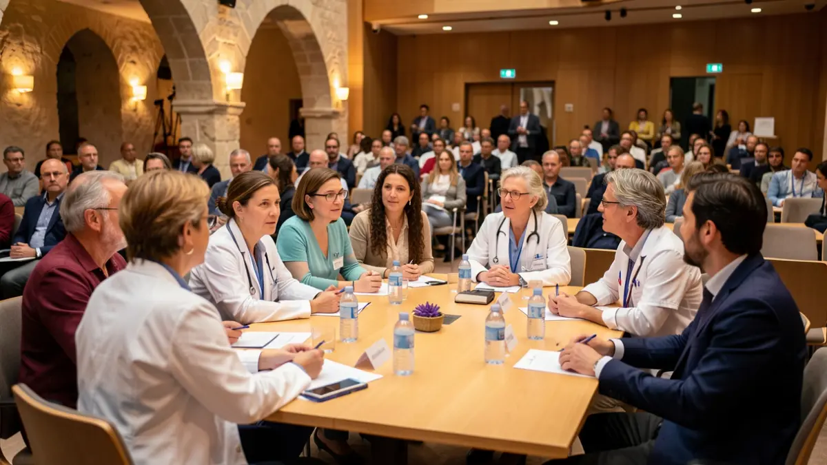 Generic image of a healthcare conference with professionals and patients.