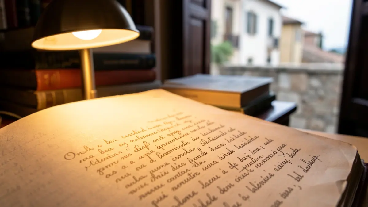 Imatge genèrica d'un manuscrit en valencià sota una llum càlida, amb llibres i arquitectura mediterrània al fons.