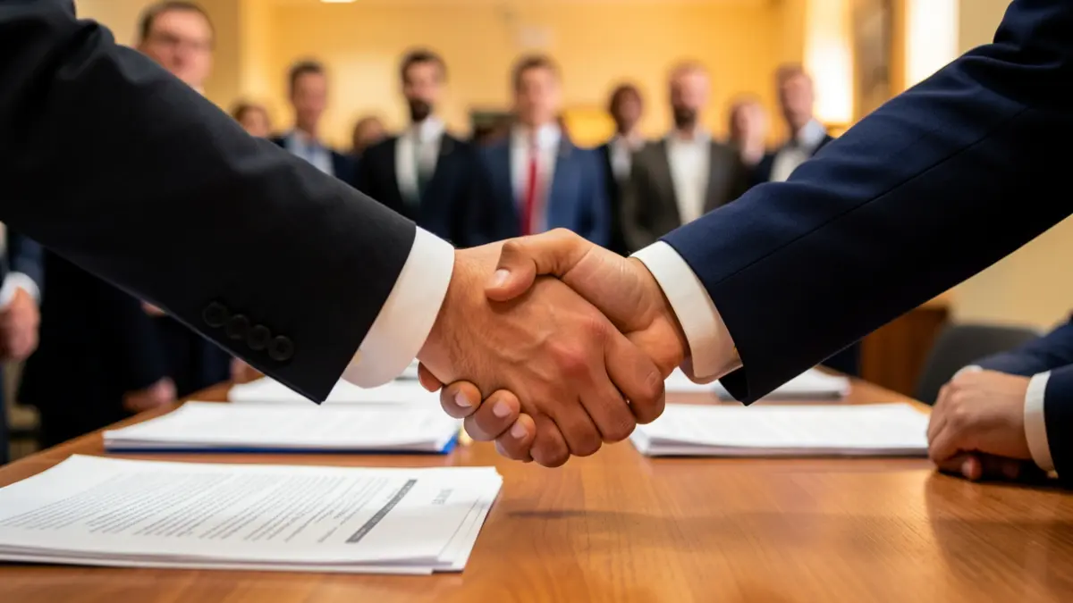 Generic image of hands shaking over a desk with documents, symbolizing cooperation agreements.