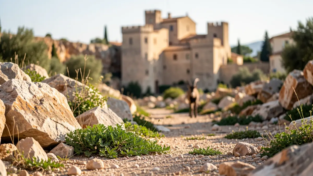 Imatge genèrica d'una zona rocosa prop d'un castell mediterrani amb un arruí a la distància.