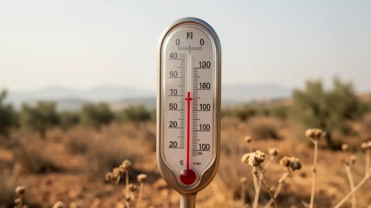 Imagen genérica de un termómetro marcando temperaturas extremas en un paisaje mediterráneo.