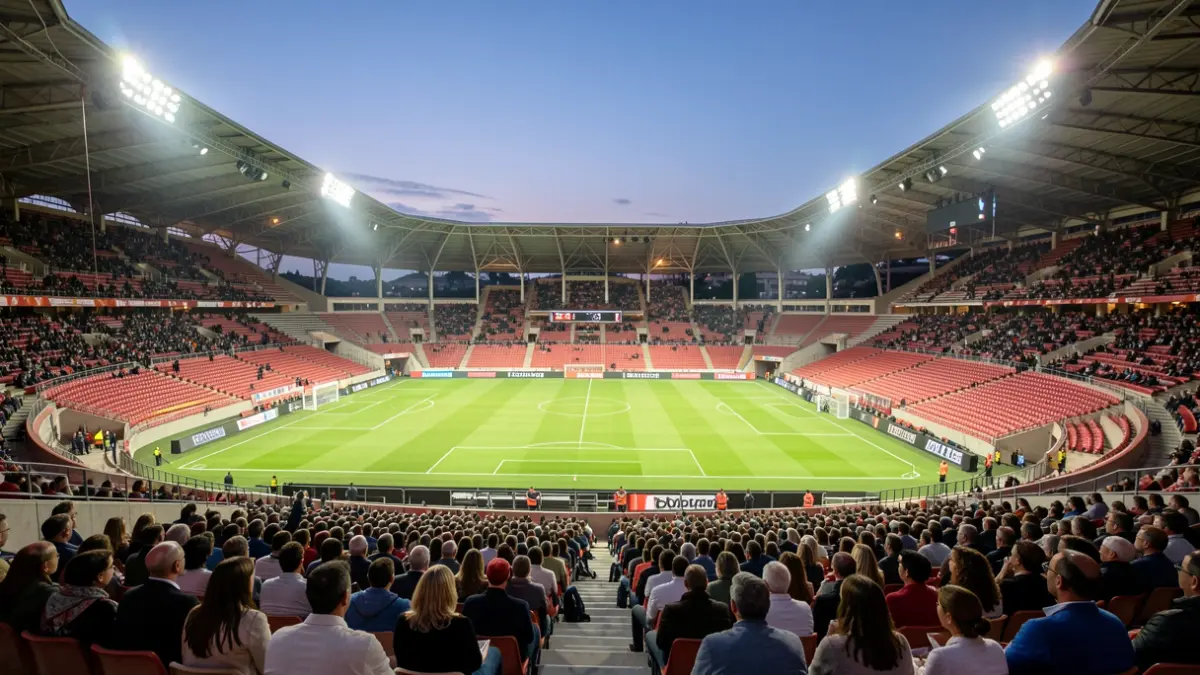 Imagen genérica de un estadio de fútbol vacío con luces.