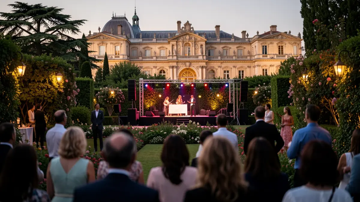 Imatge genèrica d'un escenari exterior enjardinat amb arquitectura palatina al fons, il·luminat per la llum del vespre.
