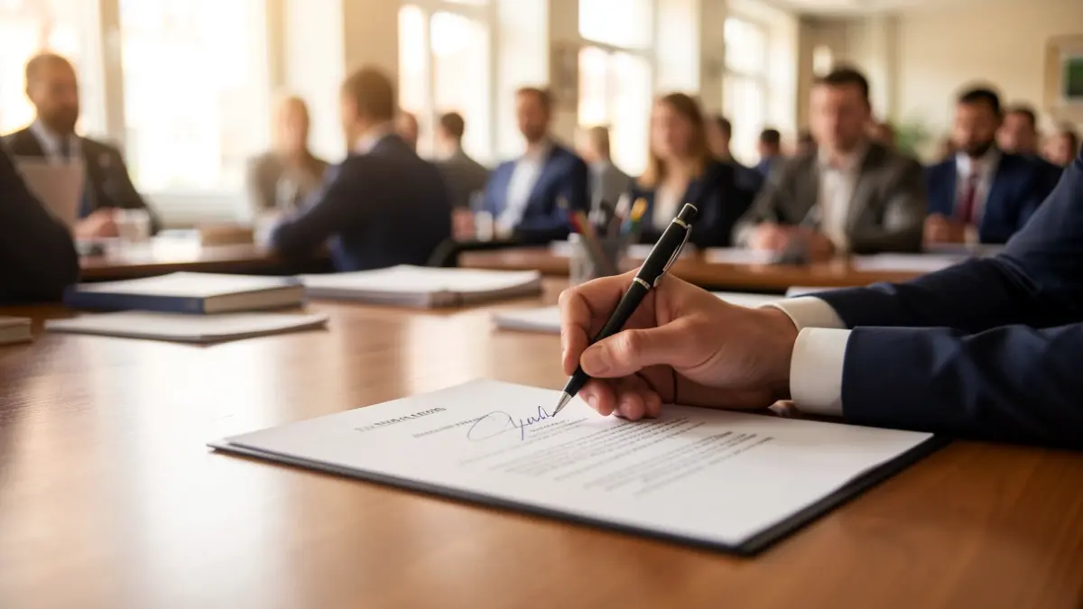 Generic image of an official document being signed in an office.
