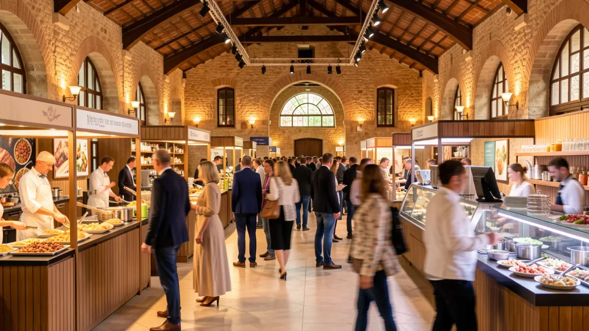 Imatge genèrica d'una fira gastronòmica amb estands professionals i ambient càlid.