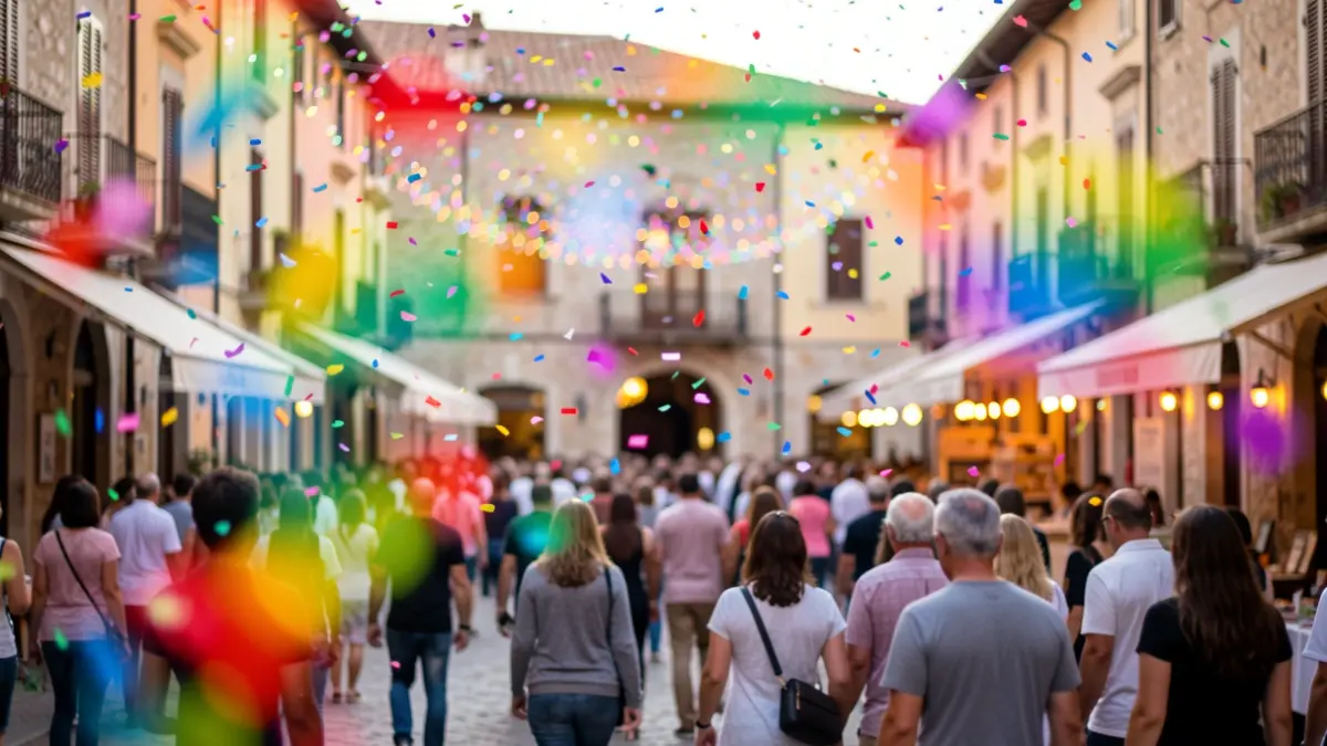 Imatge festiva amb llums de colors i confeti per a celebrar la diversitat en una plaça.