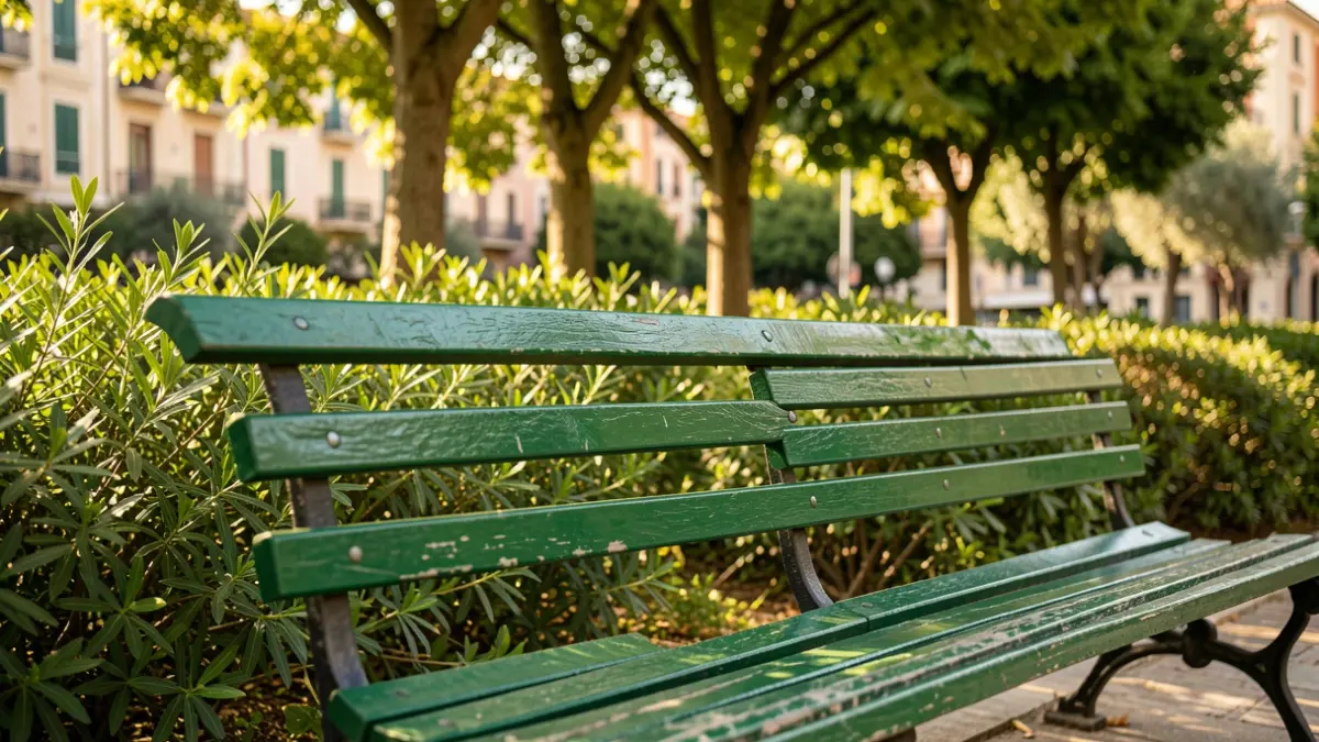 Imagen genérica de un banco de parque con vegetación frondosa.
