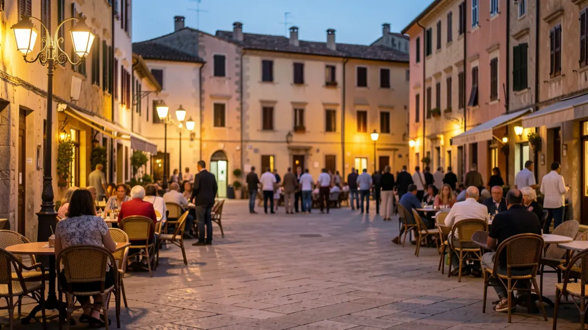 Imatge genèrica d'una plaça de poble mediterrani al capvespre.