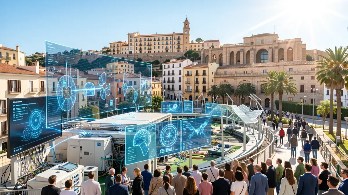 Imagen genérica de un laboratorio urbano innovador con tecnología avanzada y arquitectura mediterránea.