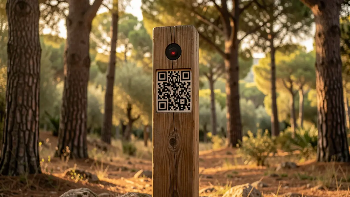Imatge d'un tòtem amb codi QR en un bosc mediterrani.