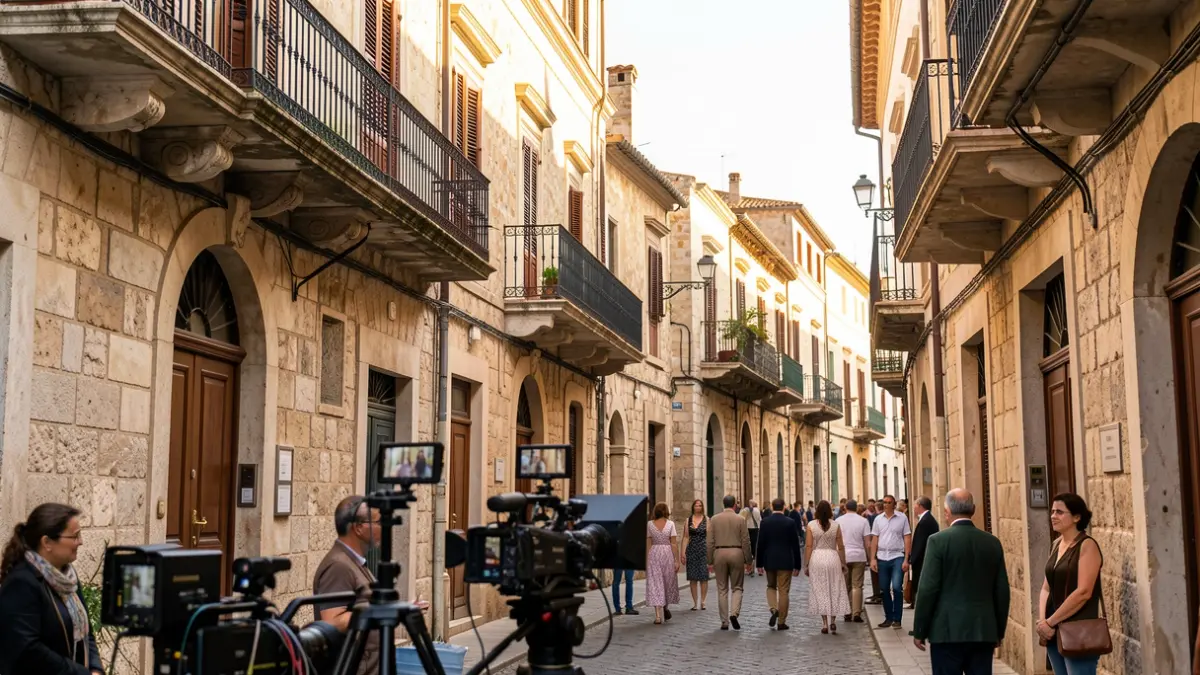 Generic image of a historic Mediterranean street with filming equipment.