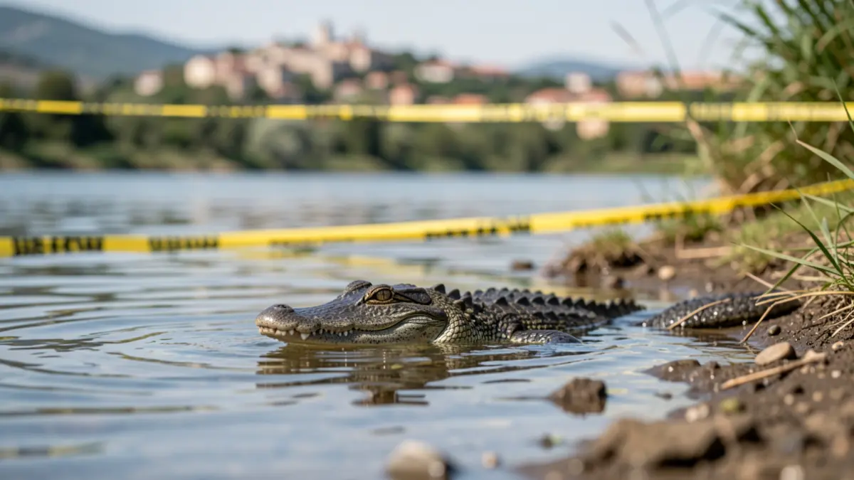 Imatge d'un caiman en un riu amb cinta de precaució.