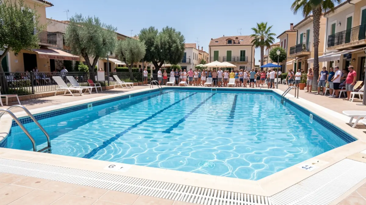 Imagen genérica de una piscina municipal al aire libre en un entorno urbano mediterráneo.