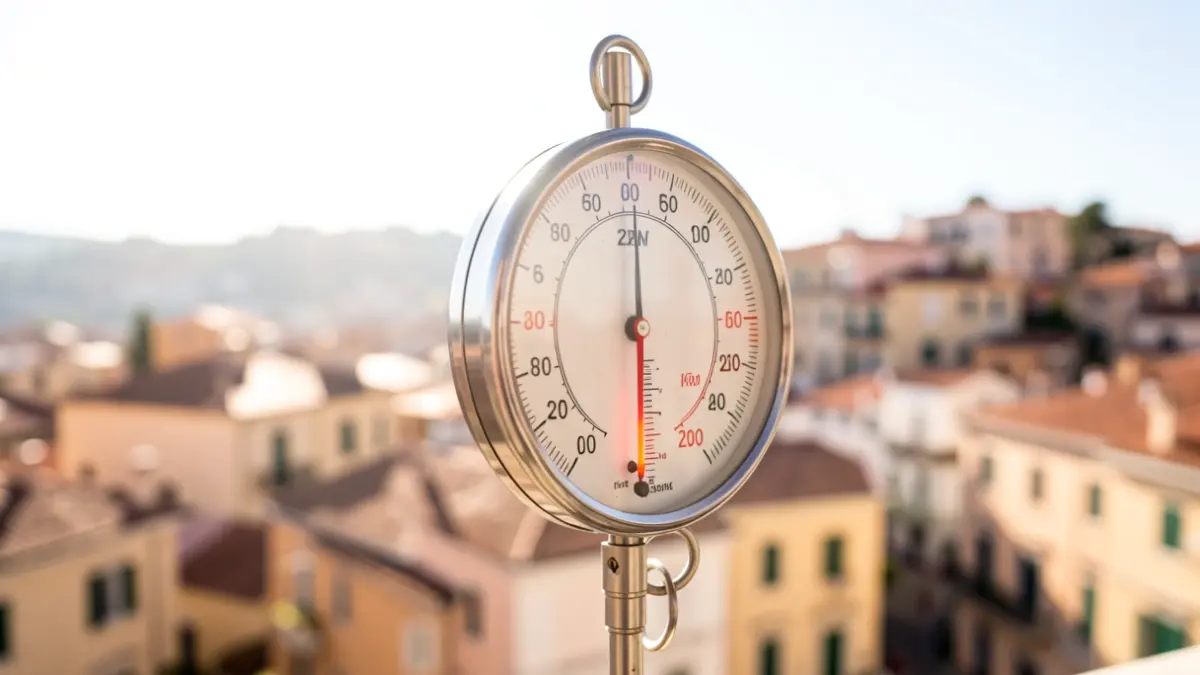 Generic image of a thermometer showing a very high temperature under an intense sun, with a blurred Mediterranean city in the background.