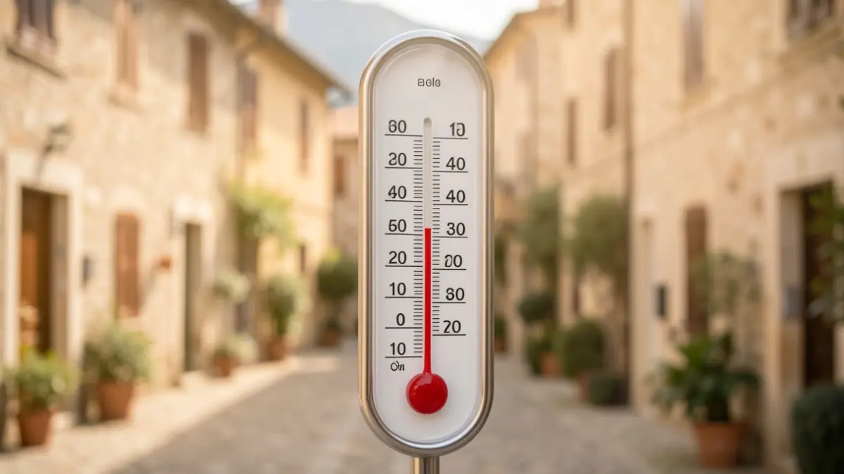 Imatge genèrica d'un termòmetre marcant una temperatura molt alta amb un fons arquitectònic mediterrani difuminat.