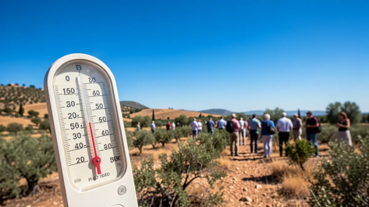 Imatge genèrica d'un termòmetre marcant temperatures extremes sota un sol intens en un paisatge mediterrani.