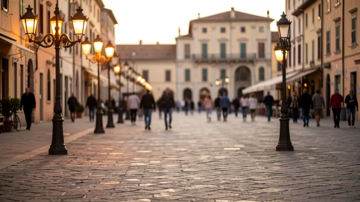 Generic image of a square in a Mediterranean town during sunset.