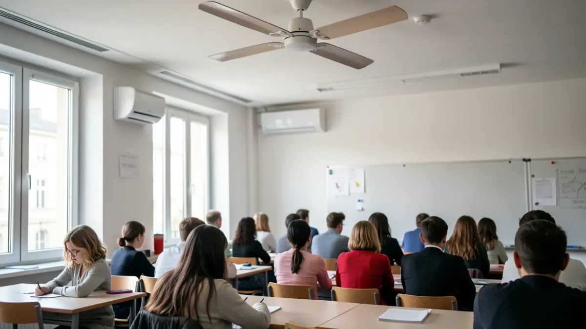 Imatge genèrica d'una aula escolar amb equips de climatització.