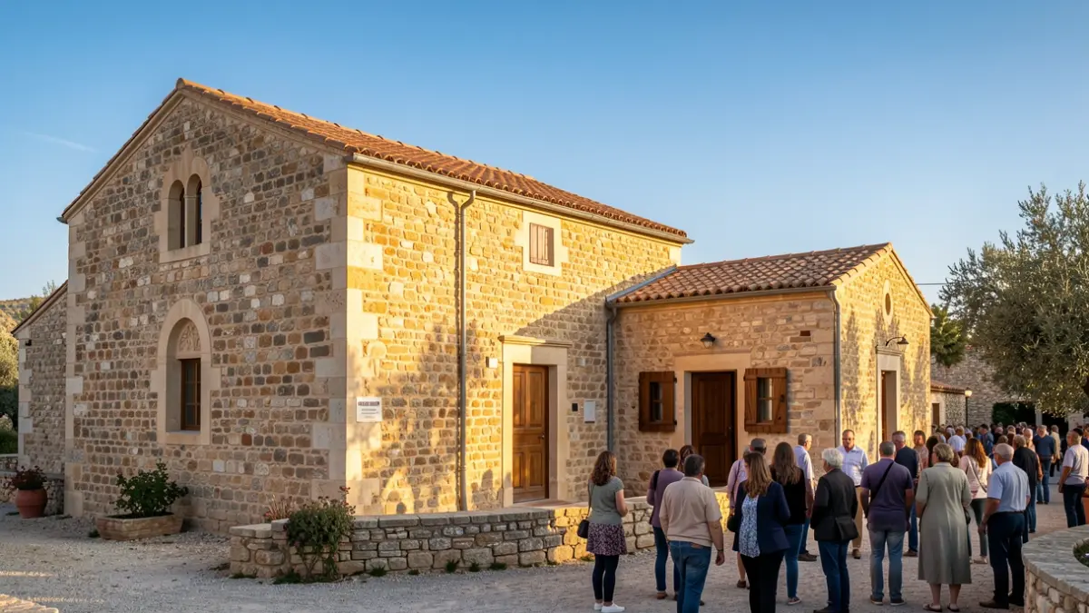 Stone facade of the Santa Quitèria hermitage in Almassora with afternoon light.