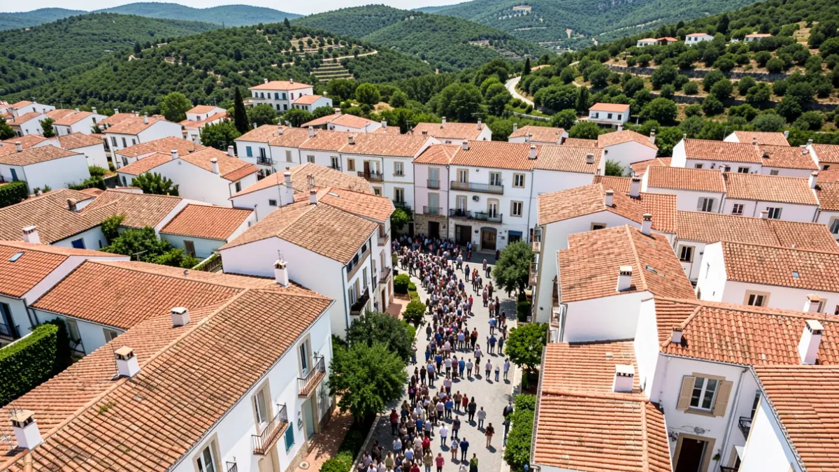 Aerial view of Altea with its white houses and tiled roofs, surrounded by vegetation.