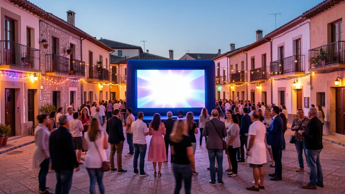 Generic image of a Valencian town square with a large screen set up for a community celebration.