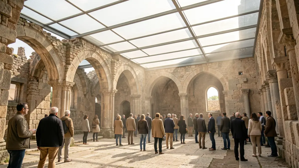 Imagen genérica de las ruinas de un antiguo claustro de monasterio mediterráneo con muros de piedra derruidos y arcos, parcialmente cubierto por una ligera cubierta protectora moderna.