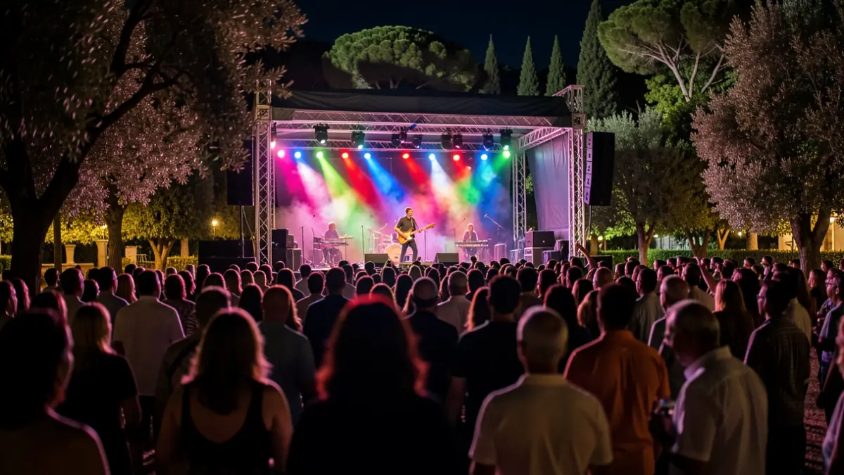 Imatge genèrica d'un concert a l'aire lliure a la nit en un parc mediterrani.