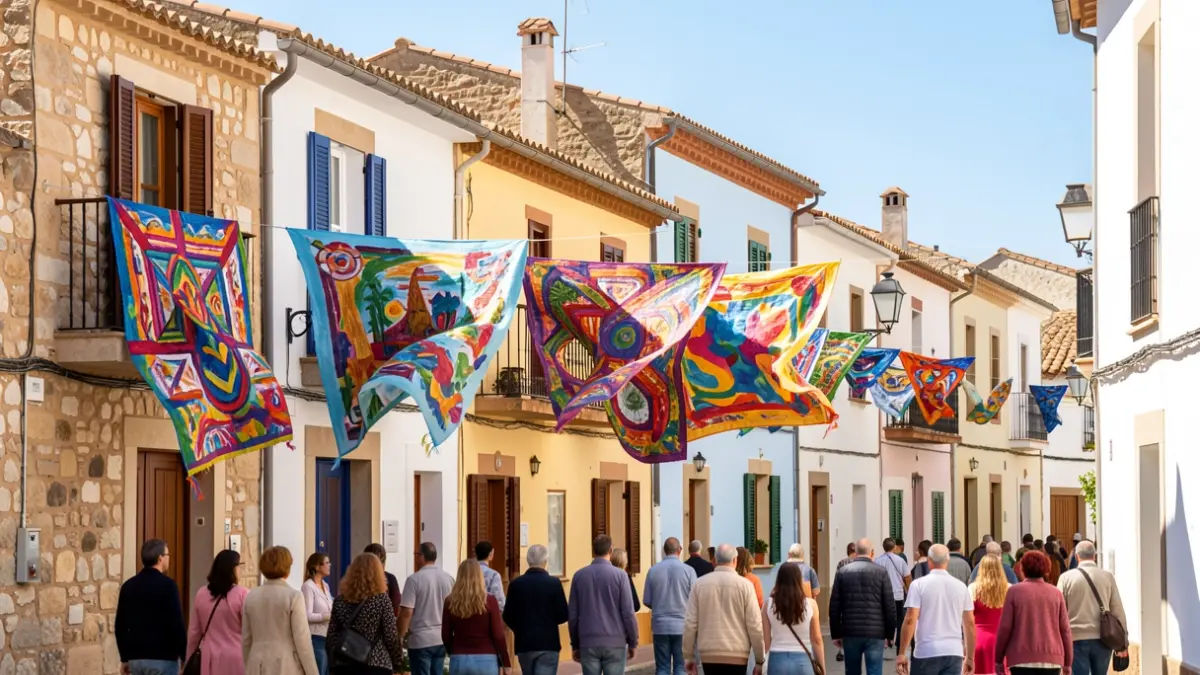 Imatge genèrica de peces d'art tèxtil de colors onejant al vent a les façanes de cases mediterrànies a Gata de Gorgos.