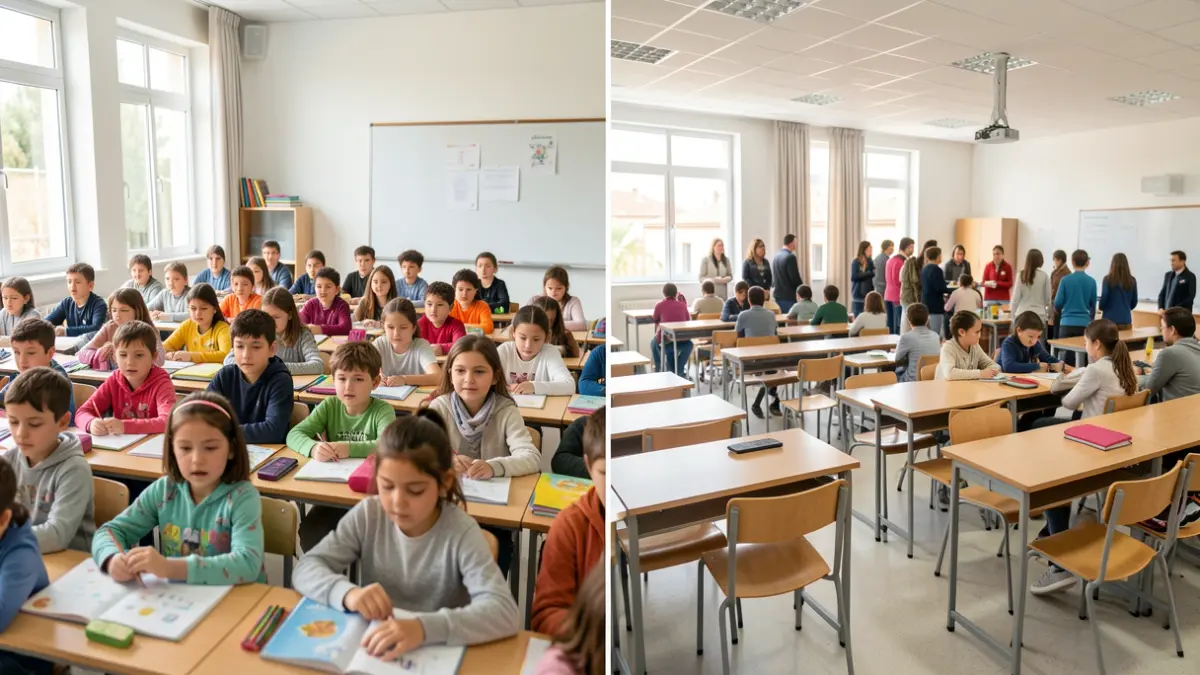 Generic image showing a crowded kindergarten classroom and an empty high school classroom, symbolizing educational projections.