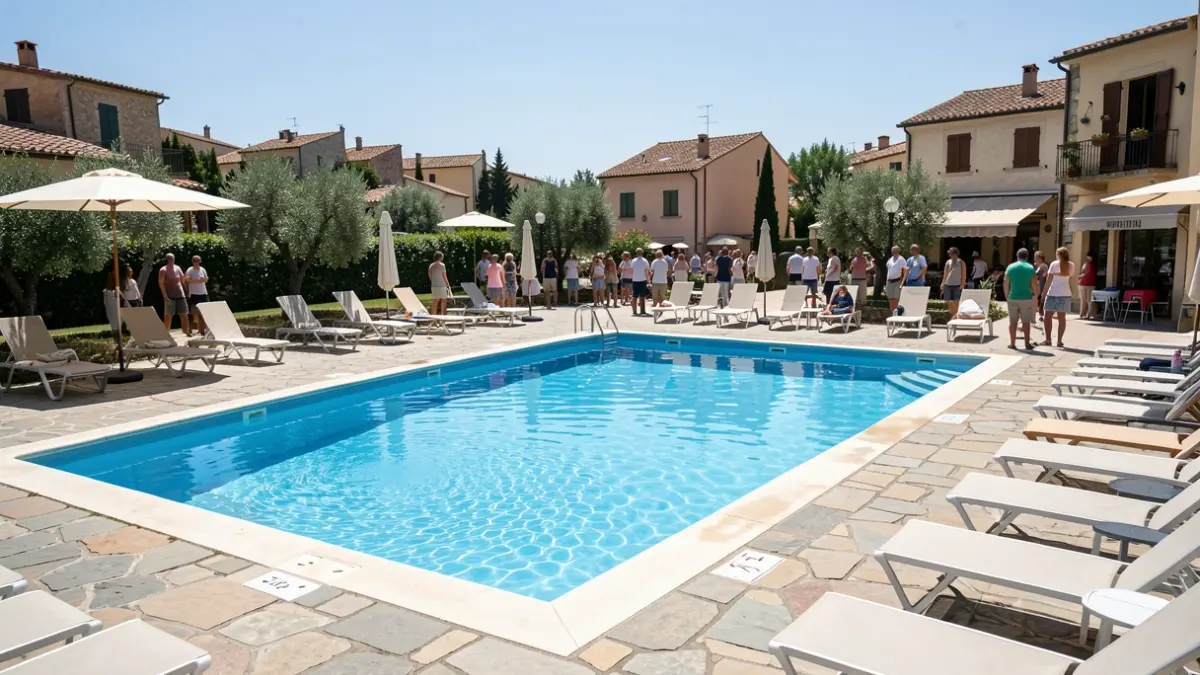 Generic image of an empty municipal swimming pool in a Mediterranean setting.