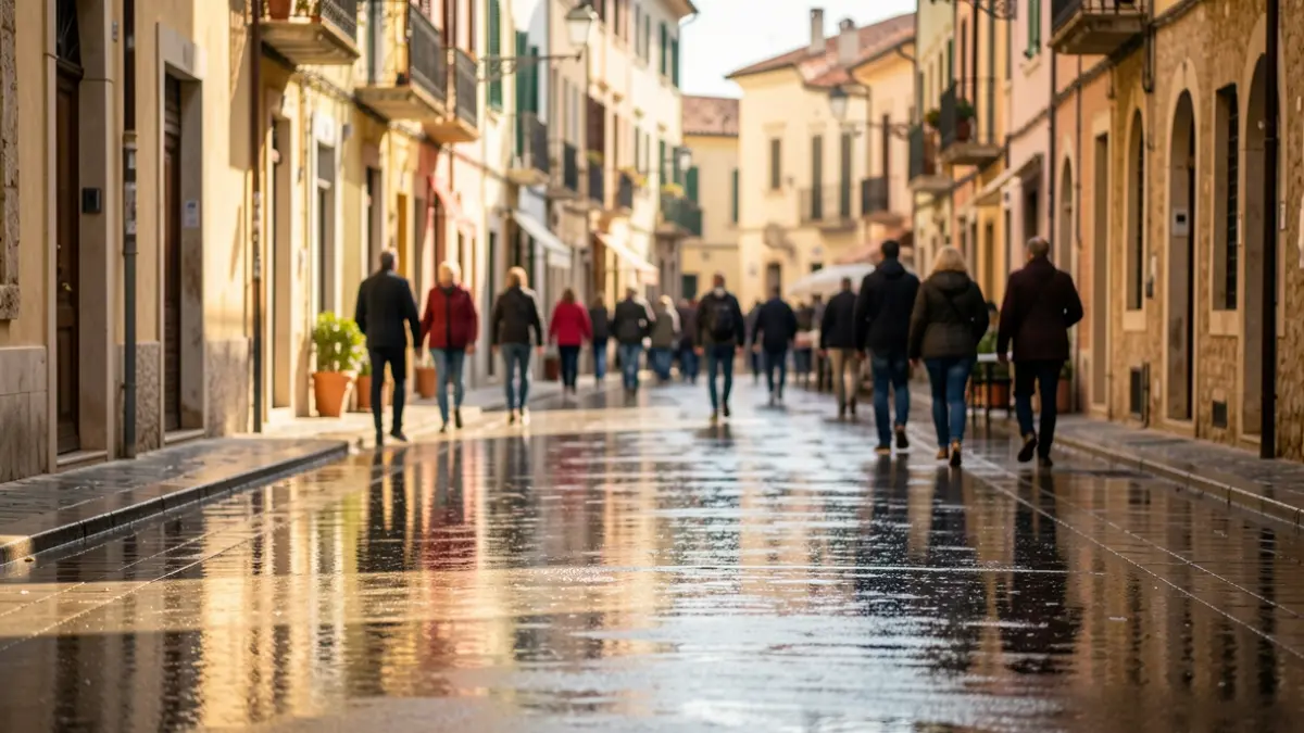 Imatge genèrica d'un carrer urbà després de la pluja amb l'asfalt mullat.